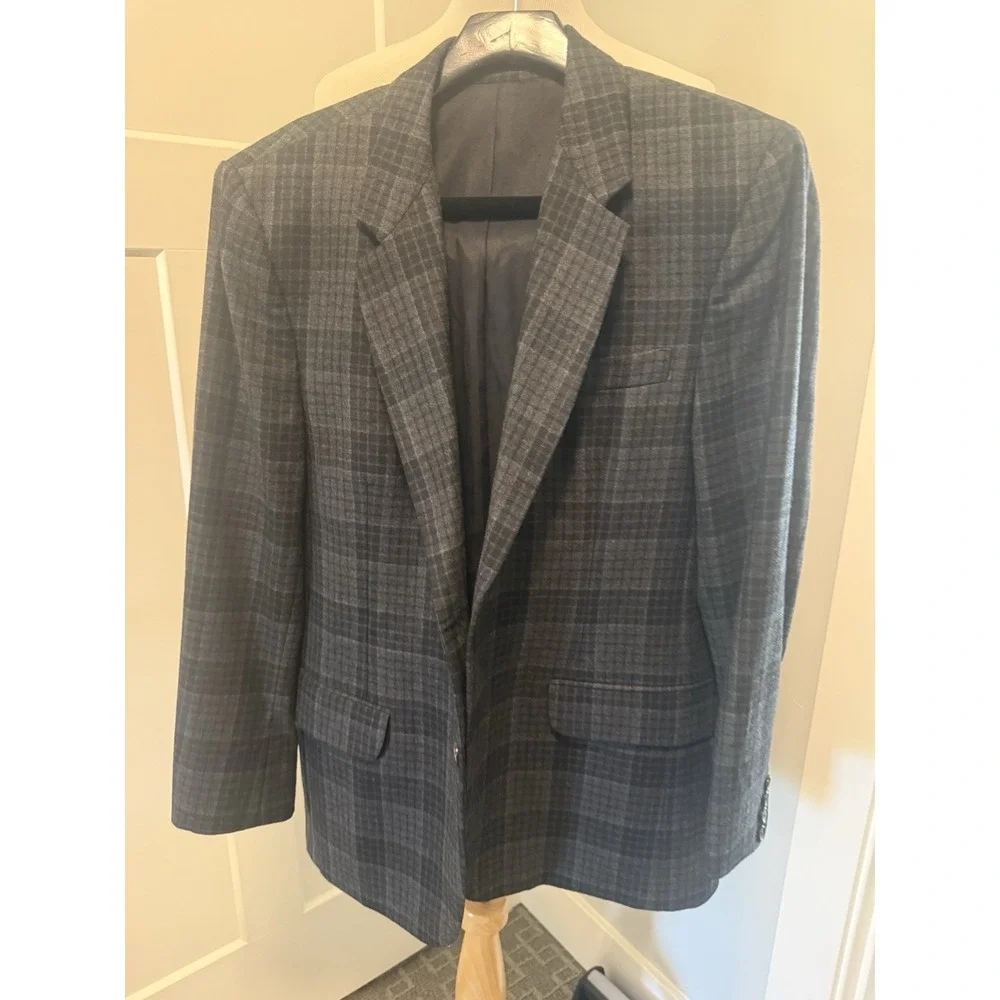 Vince Sport Coat 42 R Mens Navy‎ Blue Plaid Unstructured Wool Slim Blazer